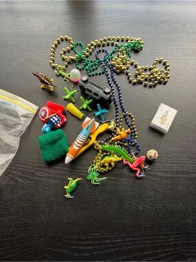 Novelty Toy Lot Mardi Gras Beads Miniature Cards Plastic Figures Vehicle